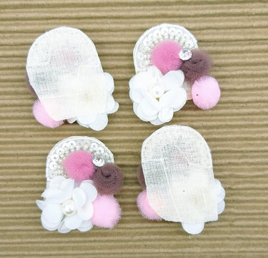 Hand Embroidered White, Pink And Brown Floral Applique, 2 Pcs